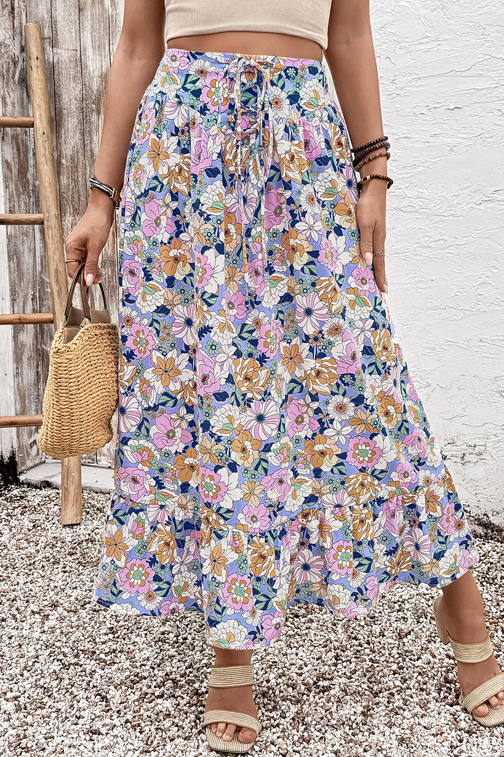 Floral Print Drawstring Ruffle-Hem Maxi Skirt
