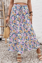 Floral Print Drawstring Ruffle-Hem Maxi Skirt