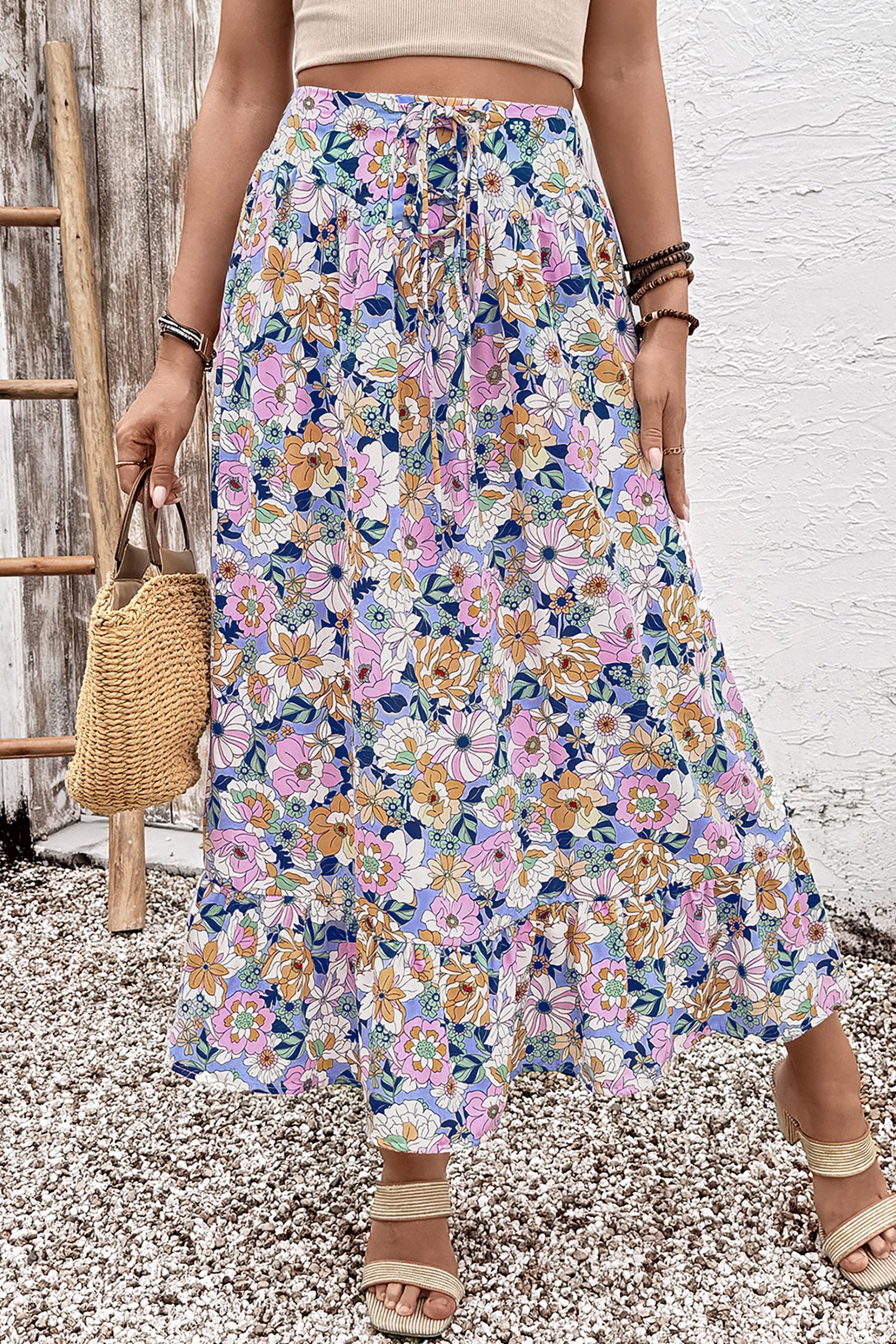 Floral Print Drawstring Ruffle-Hem Maxi Skirt