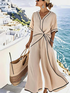 Contrast-Trim Twist-Front Maxi Dress