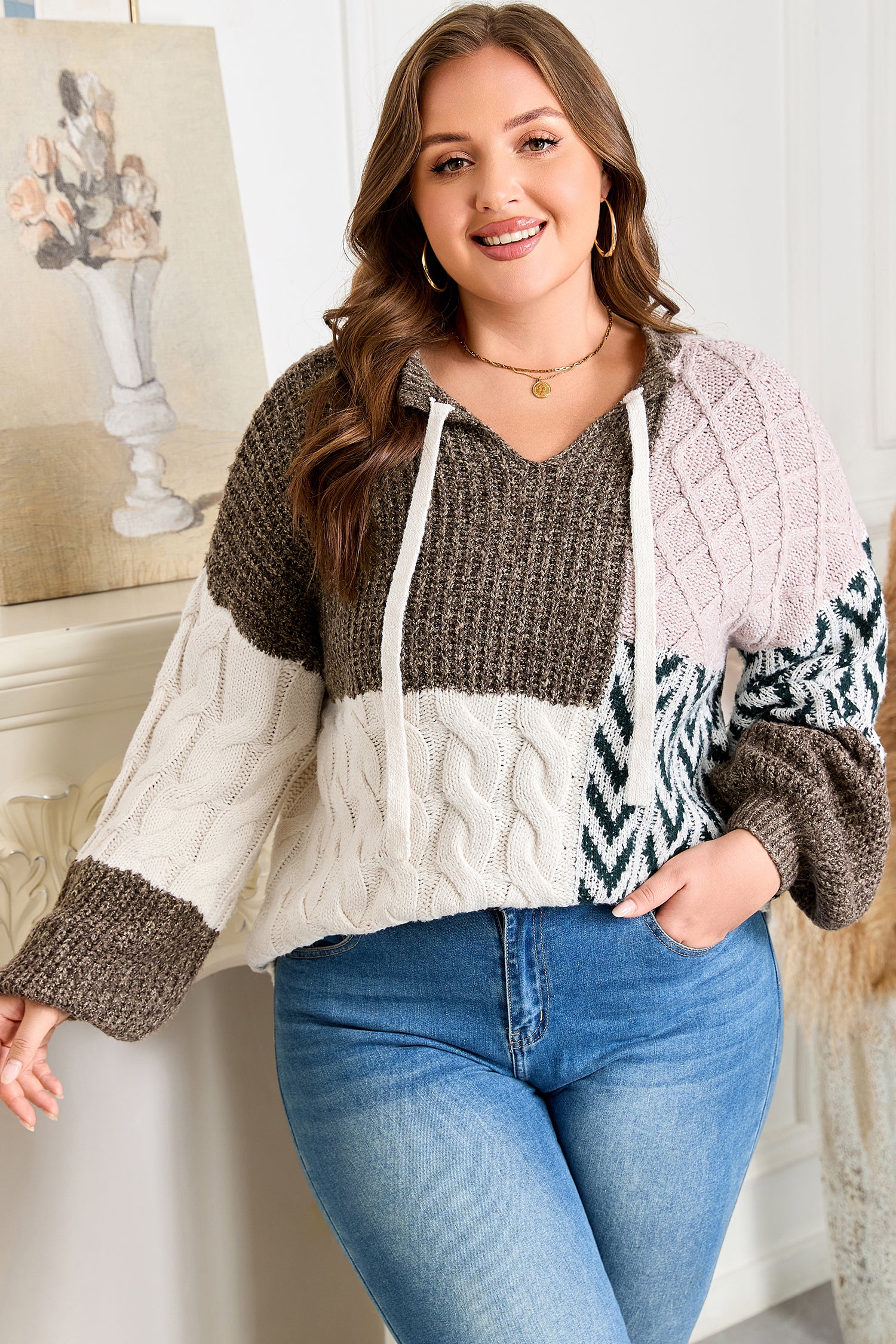 Color-Block Patchwork Knotted-Back Sweater