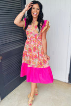 Floral Color-Block Ruffle-Sleeve Flared Midi Dress