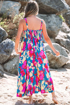 Blue Floral Sleeveless Flared Midi Dress