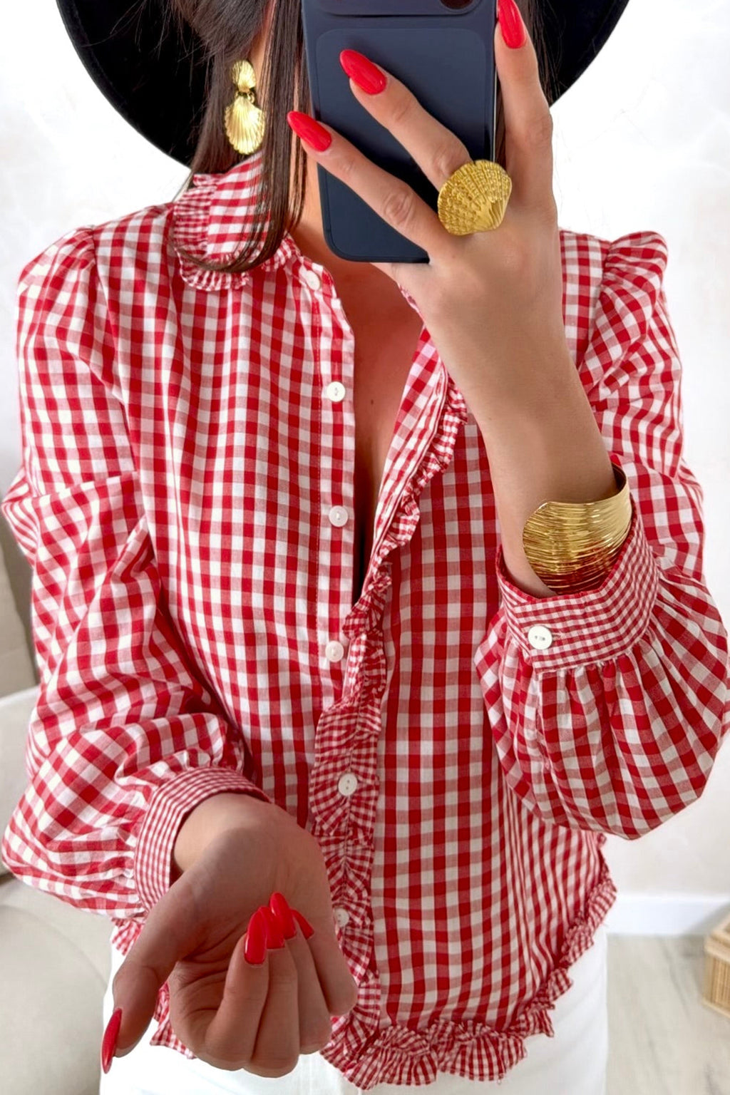 Plaid Frill Detail Button-Down Shirt