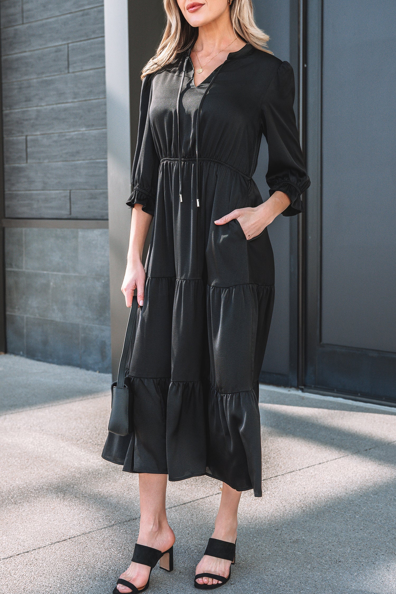 Black Ruffle Sleeve V Neck Tiered Maxi Dress