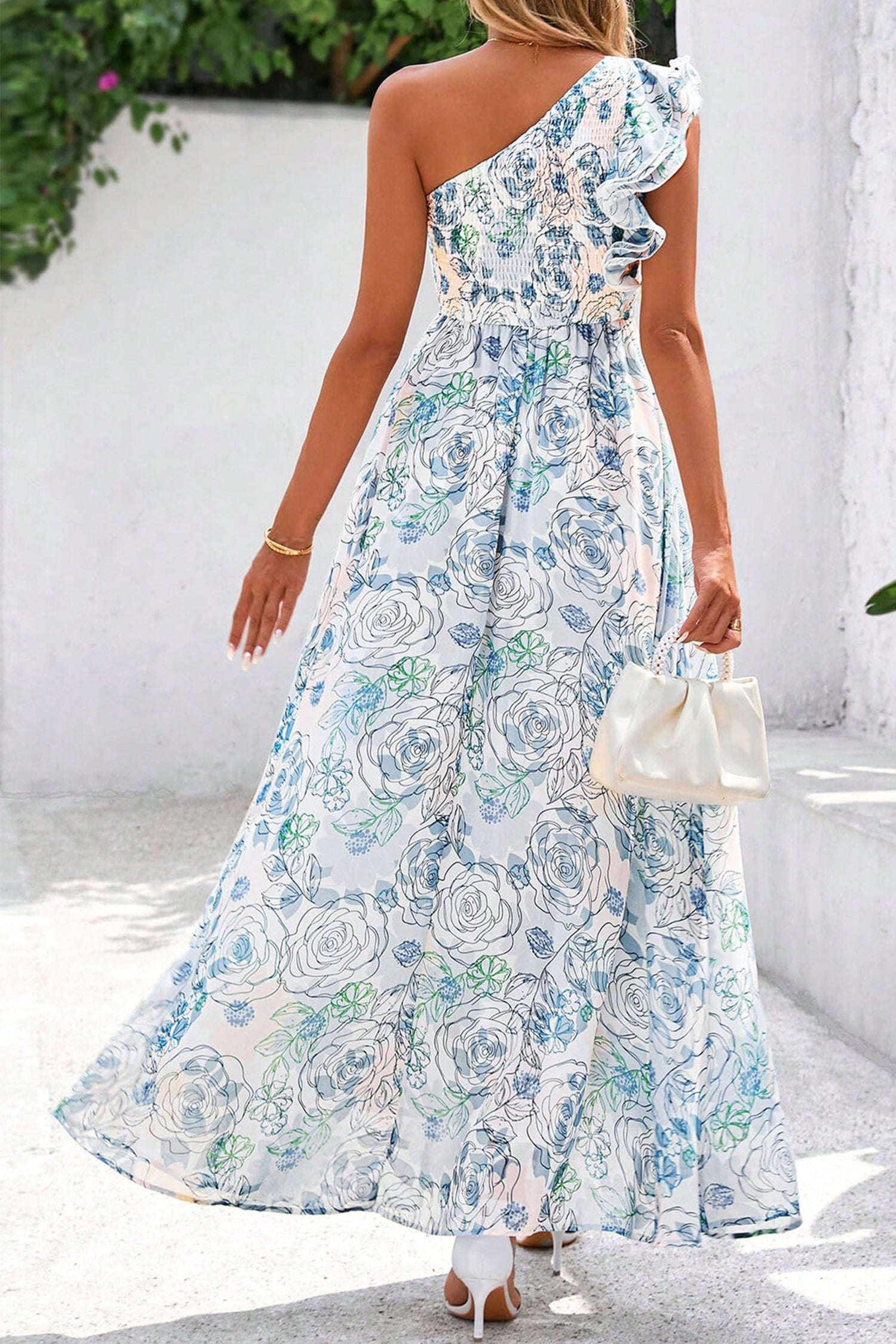 Blue Floral One Shoulder Ruffle Maxi Dress
