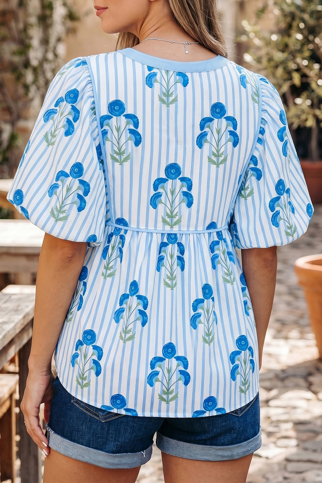 Floral Tie-Neck Puff-Sleeve Blouse