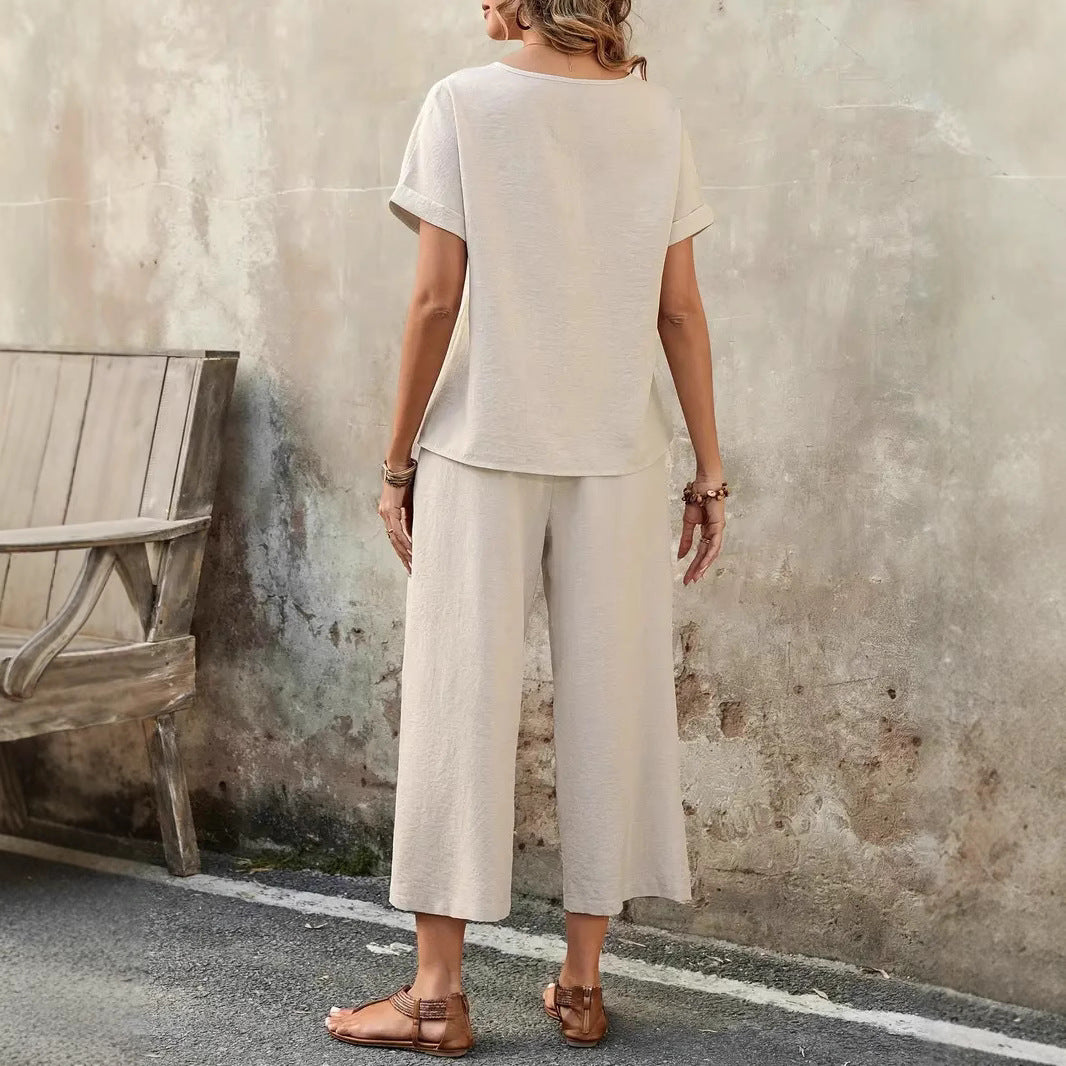 Button-Front Top and Cropped Wide-Leg Pants Set