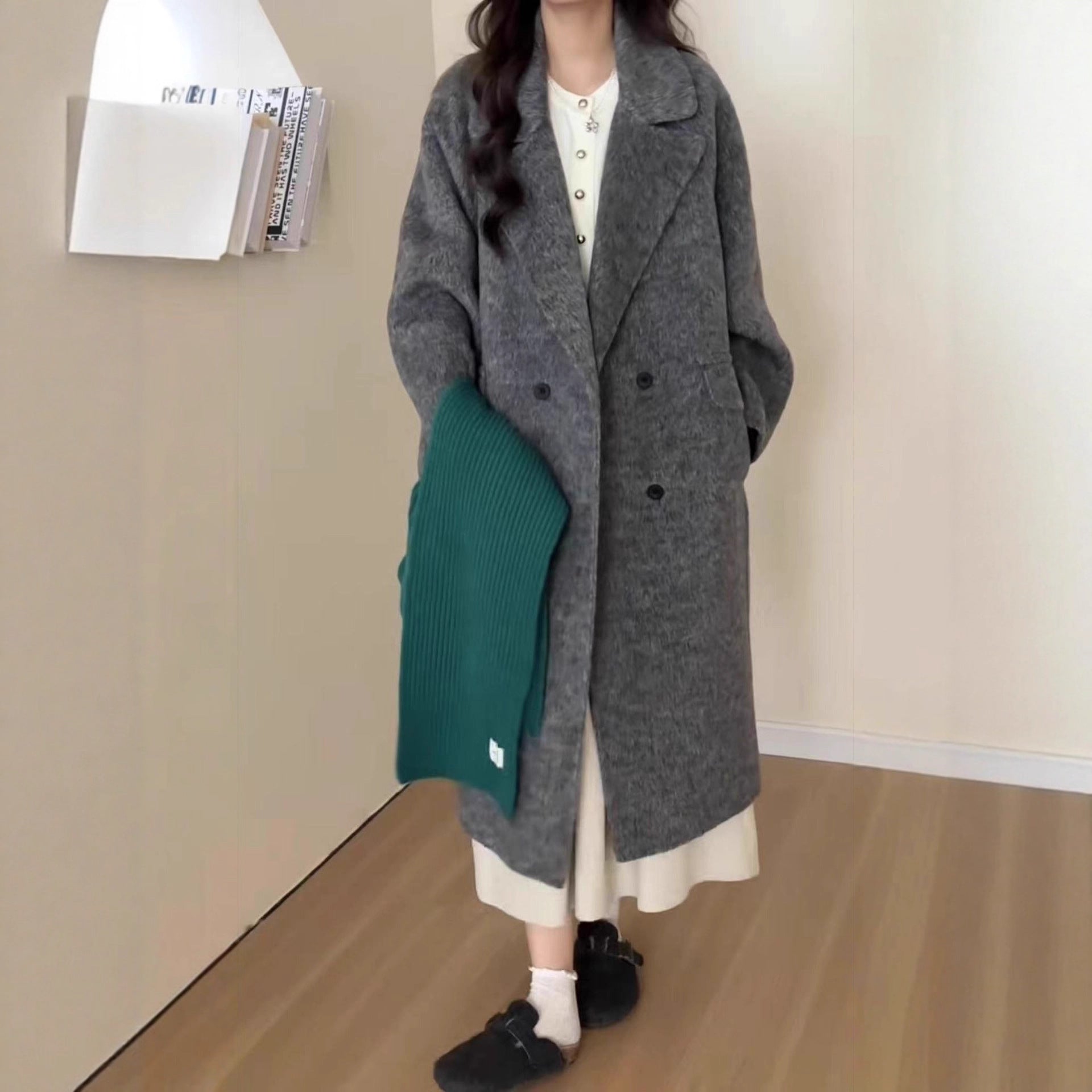 Raglan-Sleeve Double-Faced Wool Long Coat