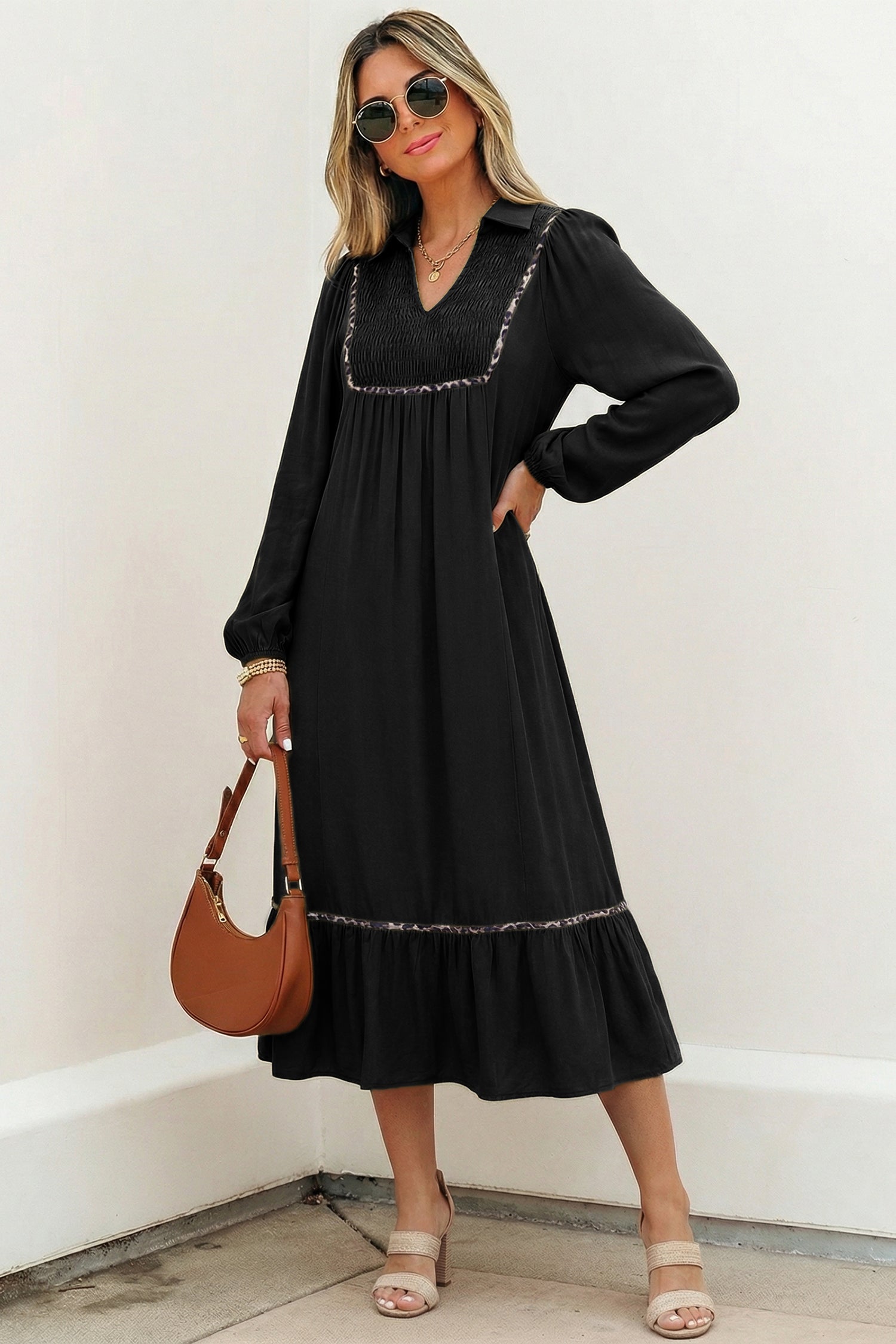Collared V Neck Smocked Leopard Trim Long Dress