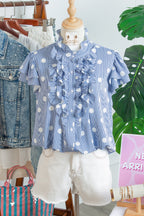 Striped Polka Dot Pleated Ruffle-Sleeve Shirt