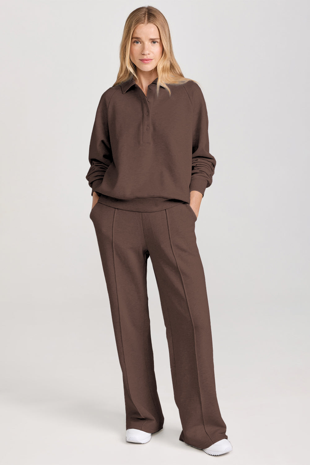 Collared Sweatshirt and High-Waist Pants Set