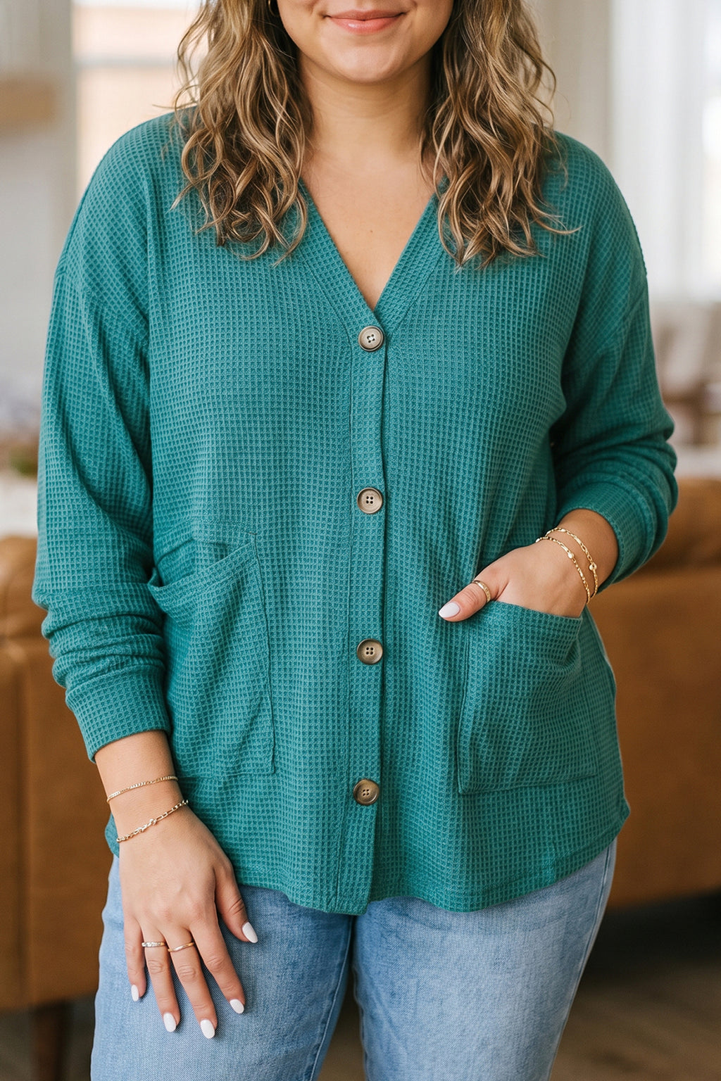 Waffle-Knit Button-Front Tunic Cardigan