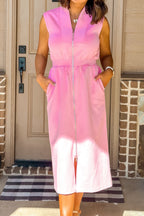 V-Neck Sleeveless Zip-Front Shift Midi Dress
