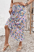Floral Print Drawstring Ruffle-Hem Maxi Skirt