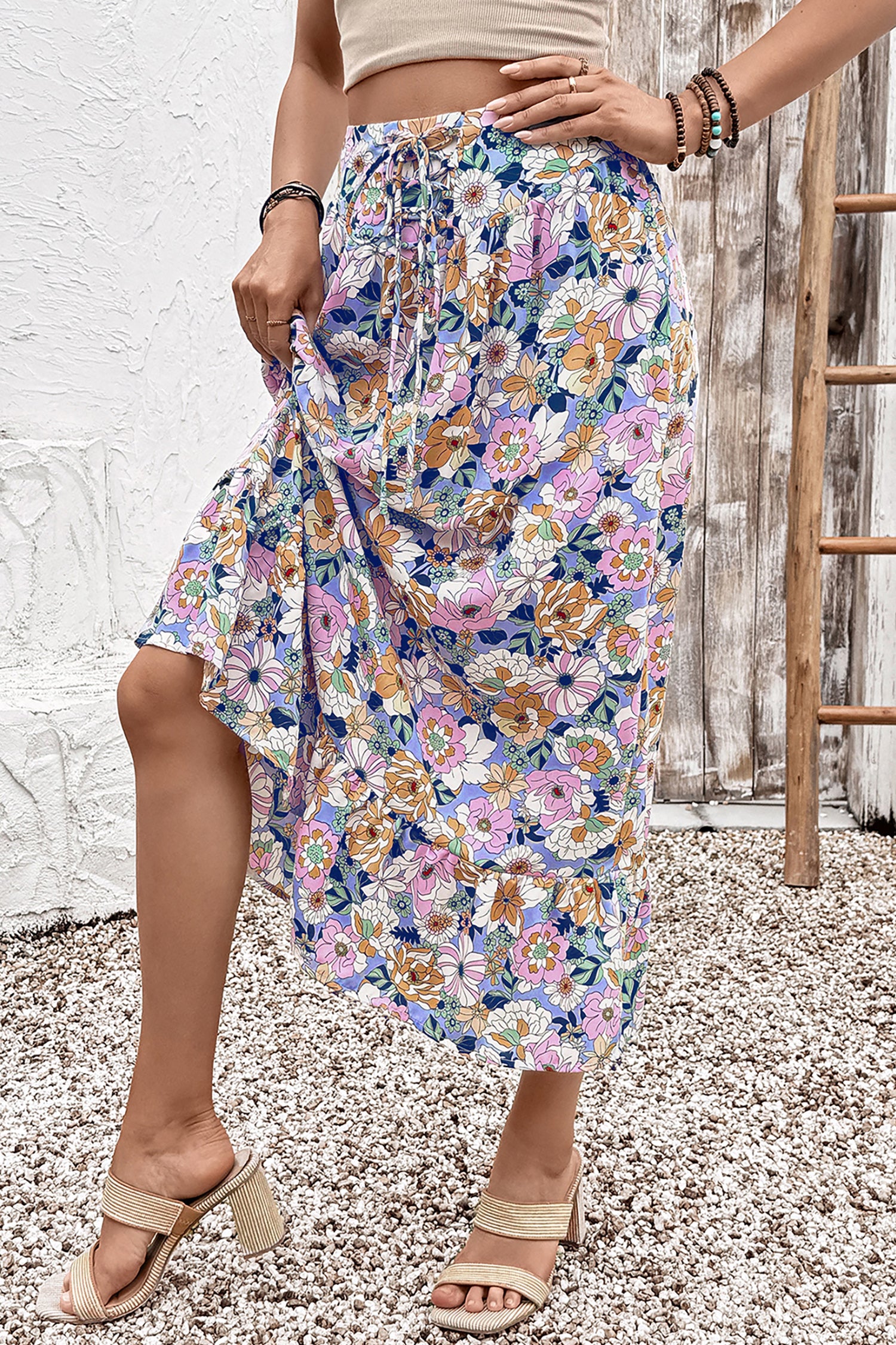 Floral Print Drawstring Ruffle-Hem Maxi Skirt