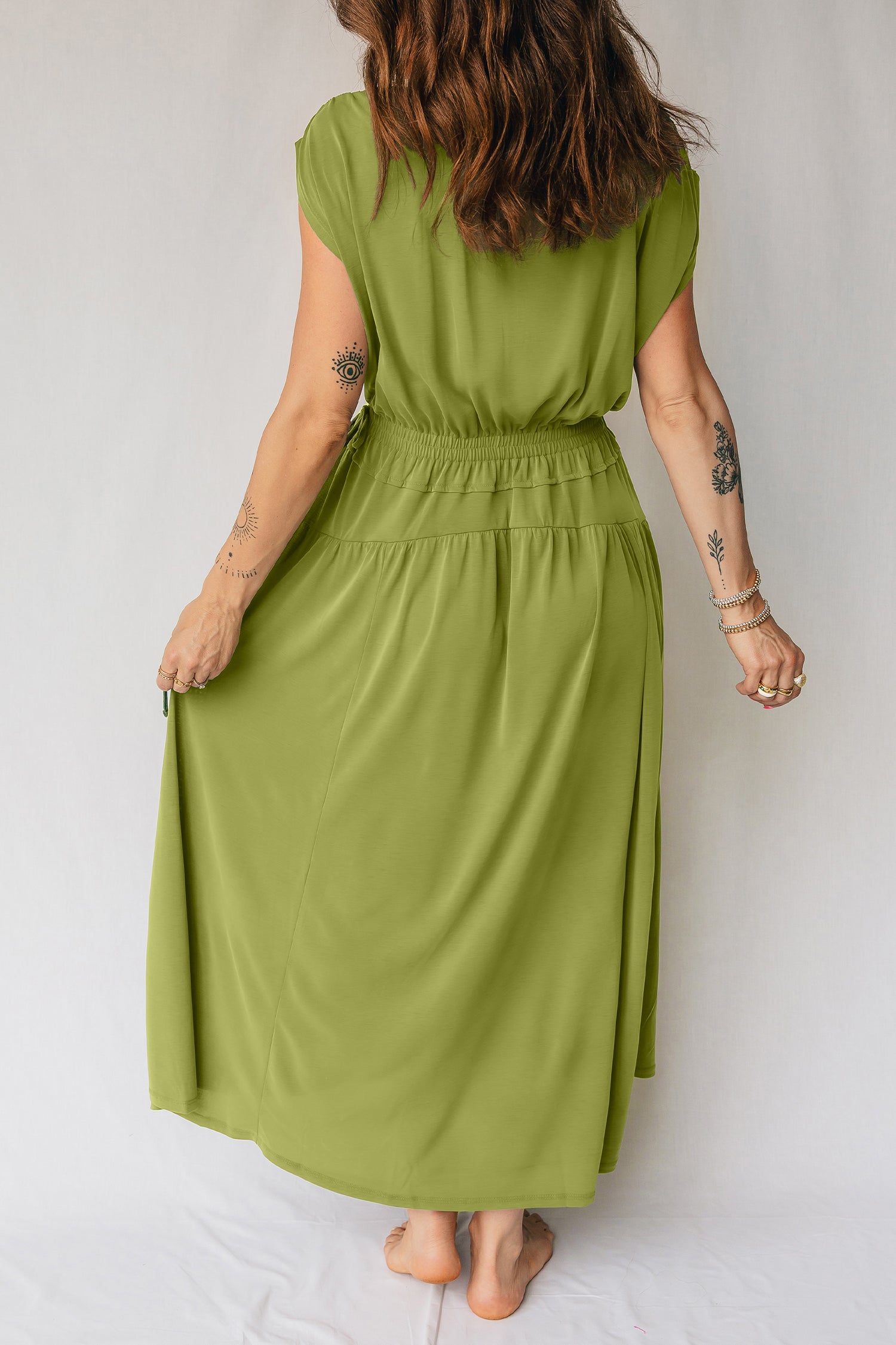 V-Neck Cap Sleeve Elastic Waist Maxi Dress
