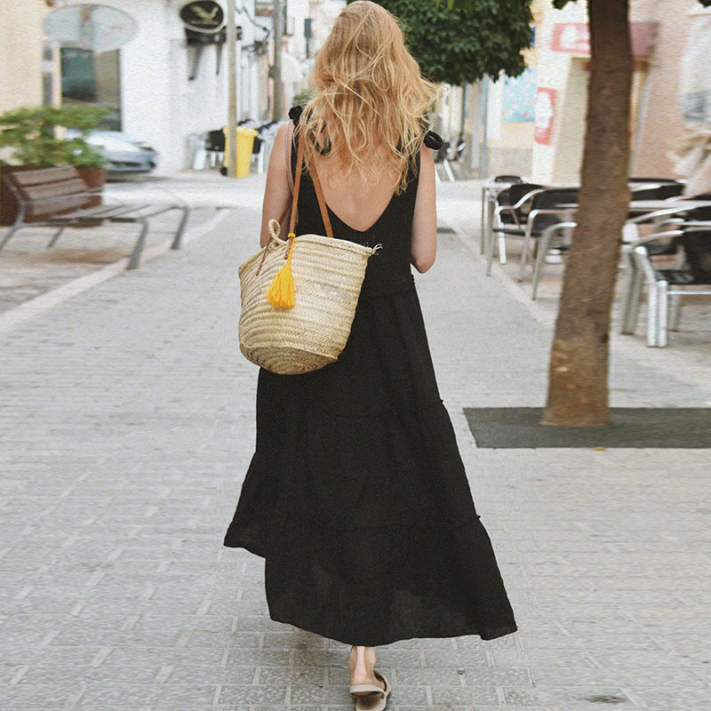 Tie-Shoulder Tiered Ramie Cotton Maxi Dress