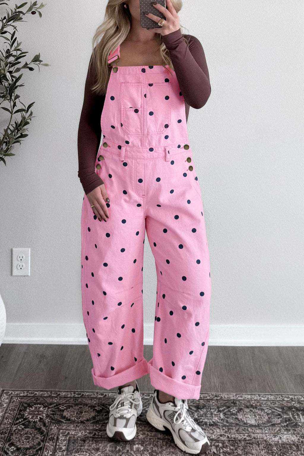 Polka Dot Denim Barrel-Leg Overalls
