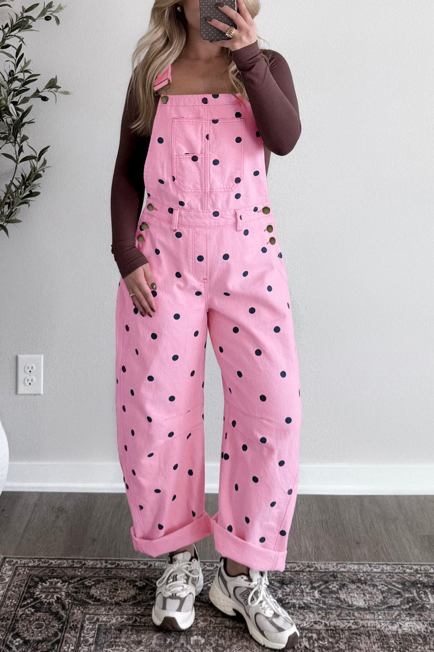 Polka Dot Denim Barrel-Leg Overalls