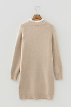 Beige Button and Lace Detail Raglan Sleeve Mini Sweater Dress