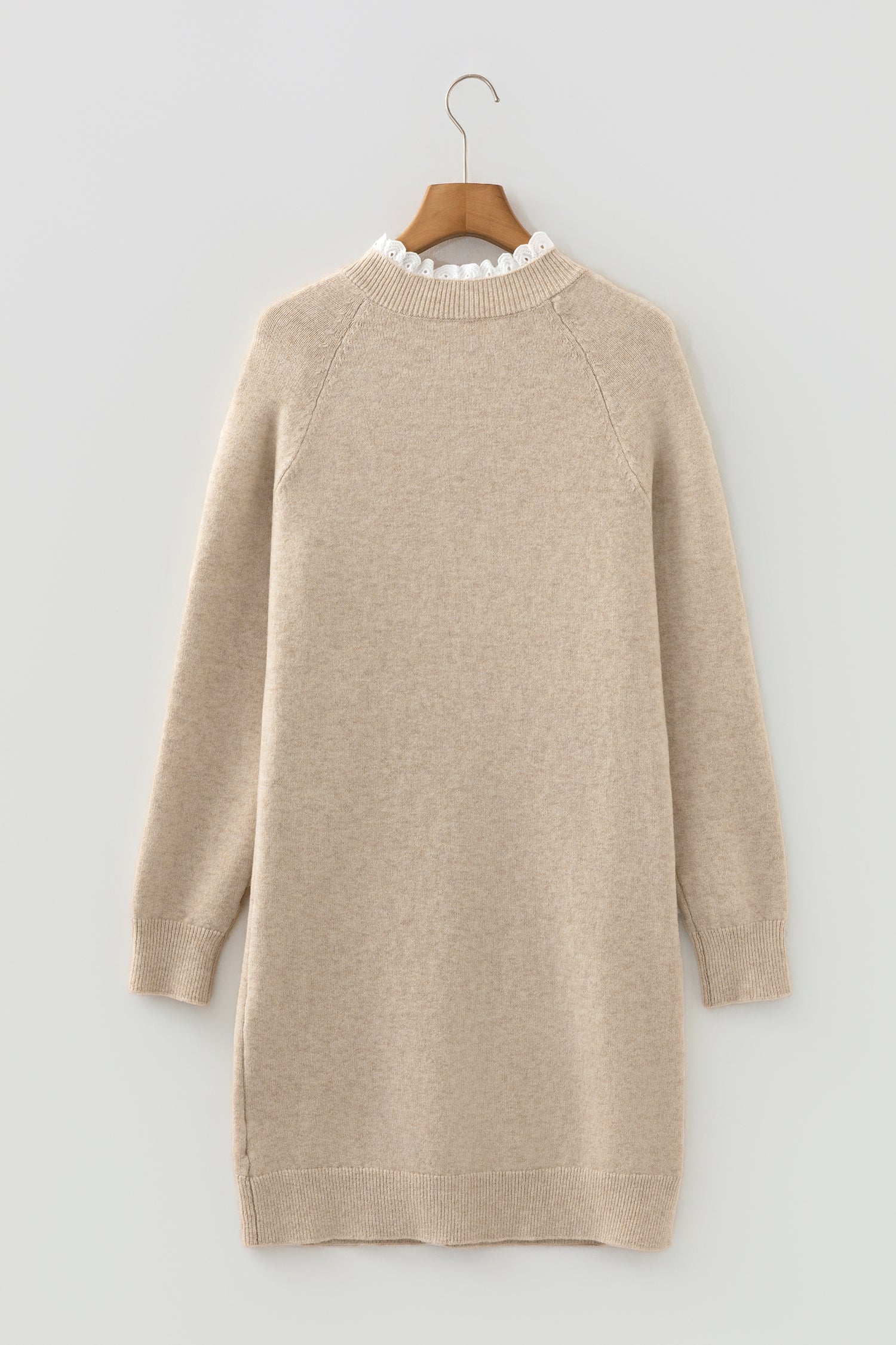 Beige Button and Lace Detail Raglan Sleeve Mini Sweater Dress