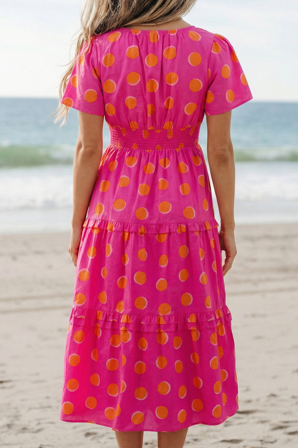 Polka Dot Shirred High-Waist Midi Dress