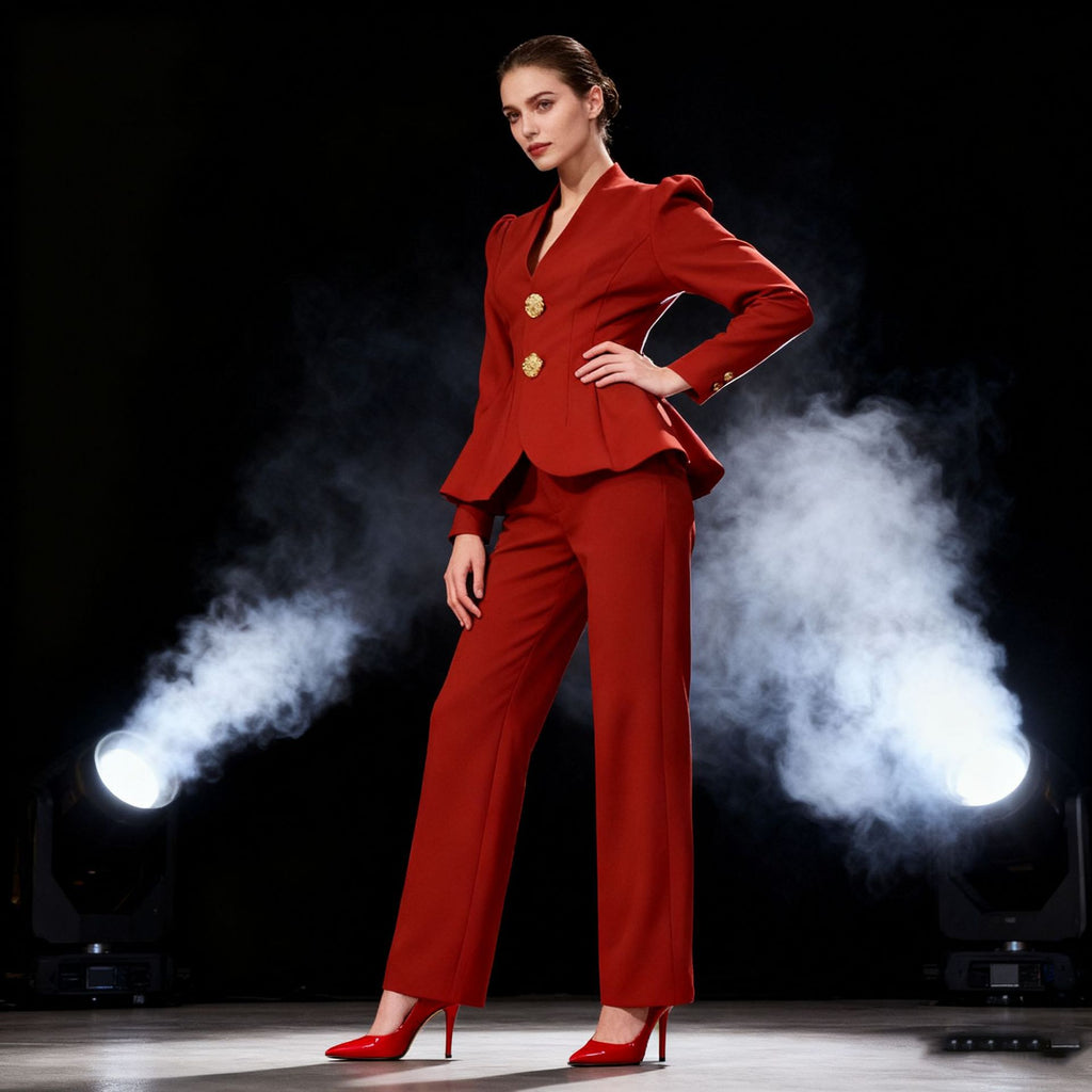 Puff-Sleeve Peplum Blazer and Pants Two-Piece Set