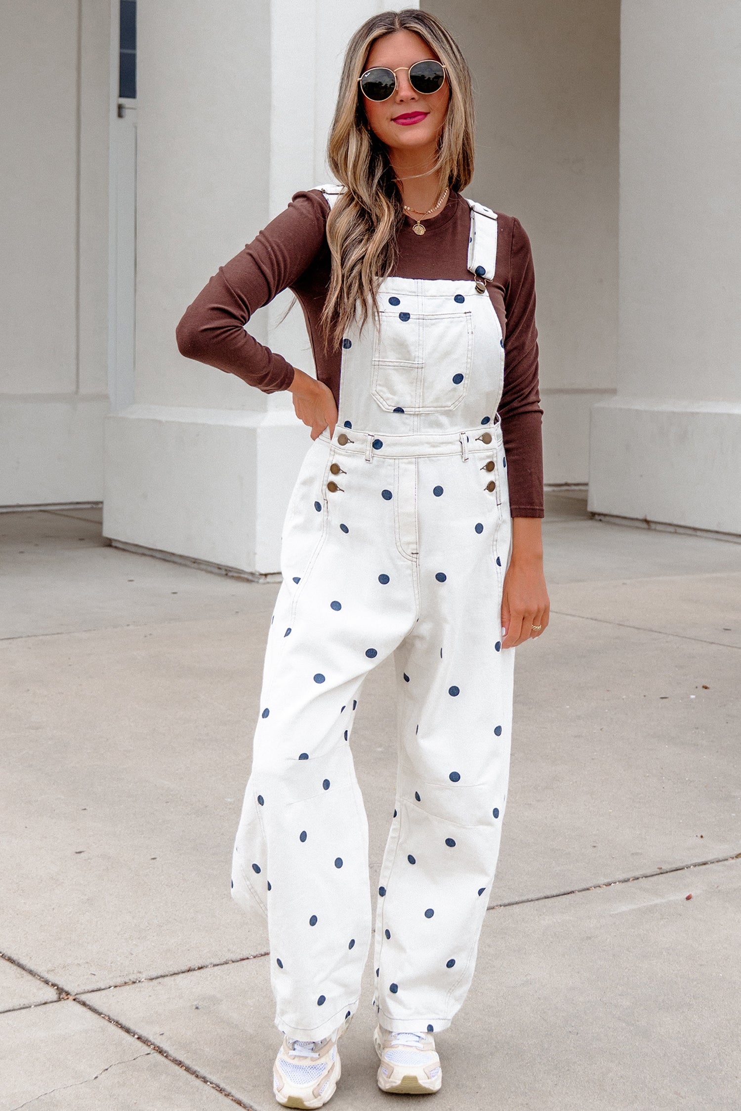 Polka Dot Denim Barrel-Leg Overalls