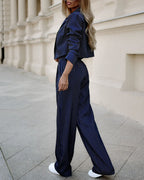 Pinstripe Cropped Blazer and Wide-Leg Pants Set