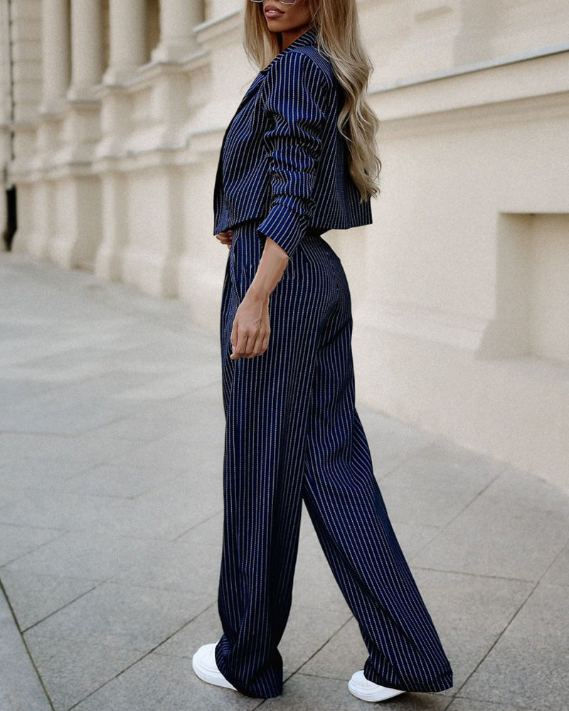 Pinstripe Cropped Blazer and Wide-Leg Pants Set