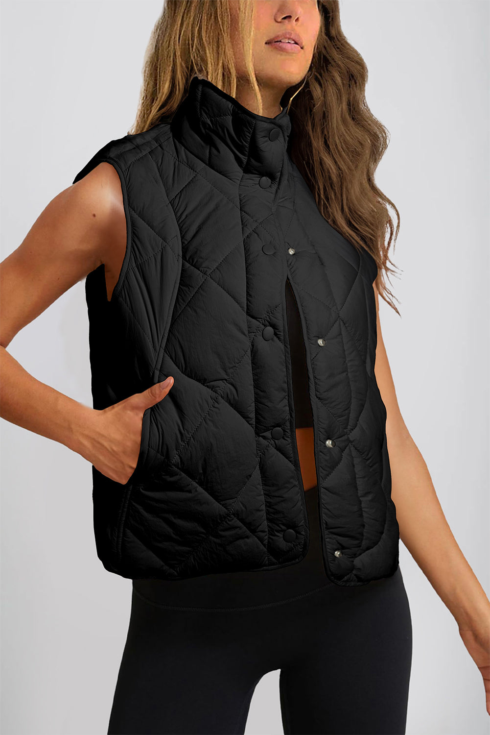 Quilted High-Neck Button-Up Vest