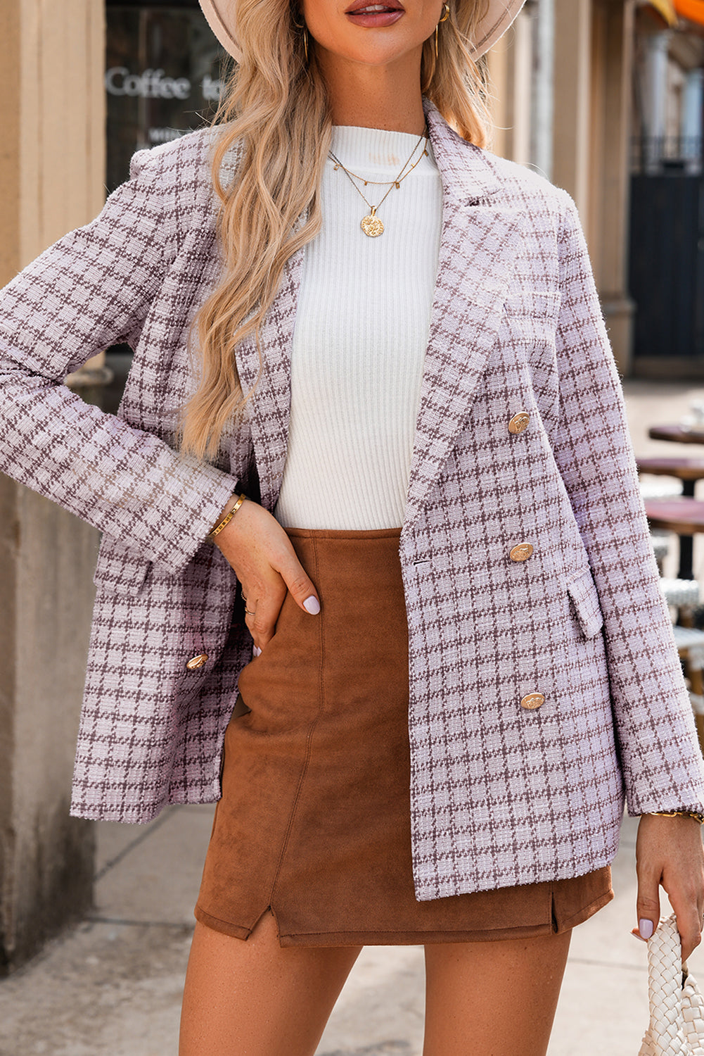 Tweed Plaid Lapel-Collar Blazer