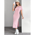 Woman wearing the Modarine striped short-sleeve midi t-shirt dress