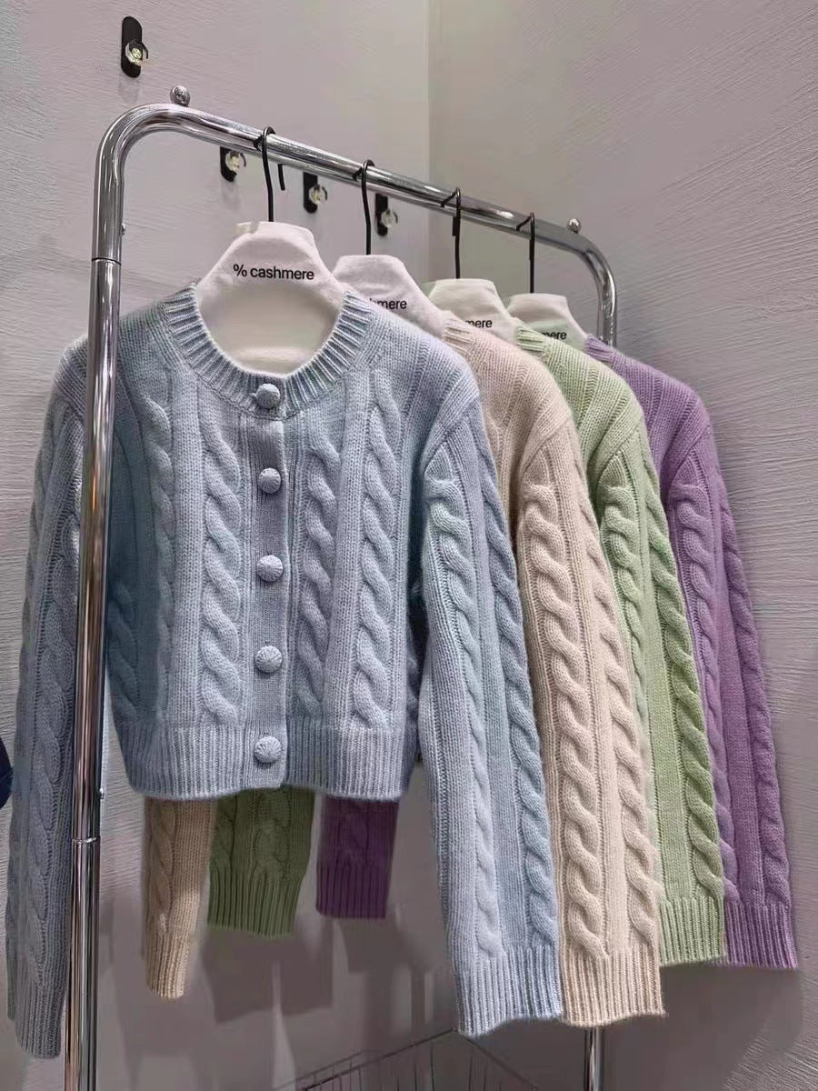 Round-Neck Wool Knit Cardigan