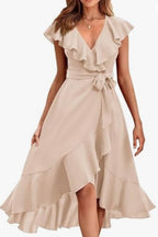 Ruffle-Trim Tie-Waist Wrap Midi Dress