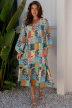 Floral Check Bubble-Sleeve Ruffle-Hem Dress