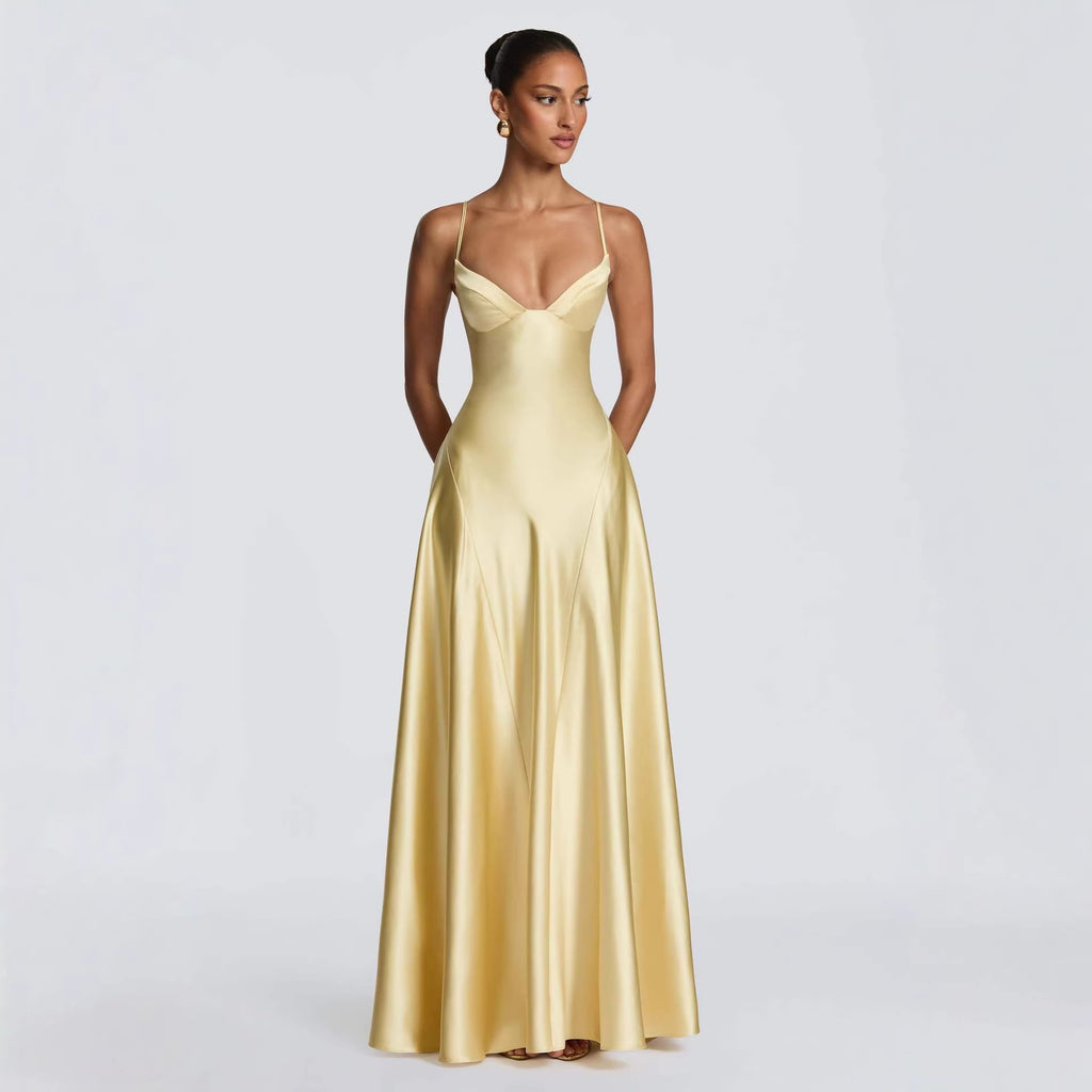 Woman wearing the Modarine lace-back satin maxi evening gown