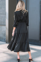 Black Ruffle Sleeve V Neck Tiered Maxi Dress