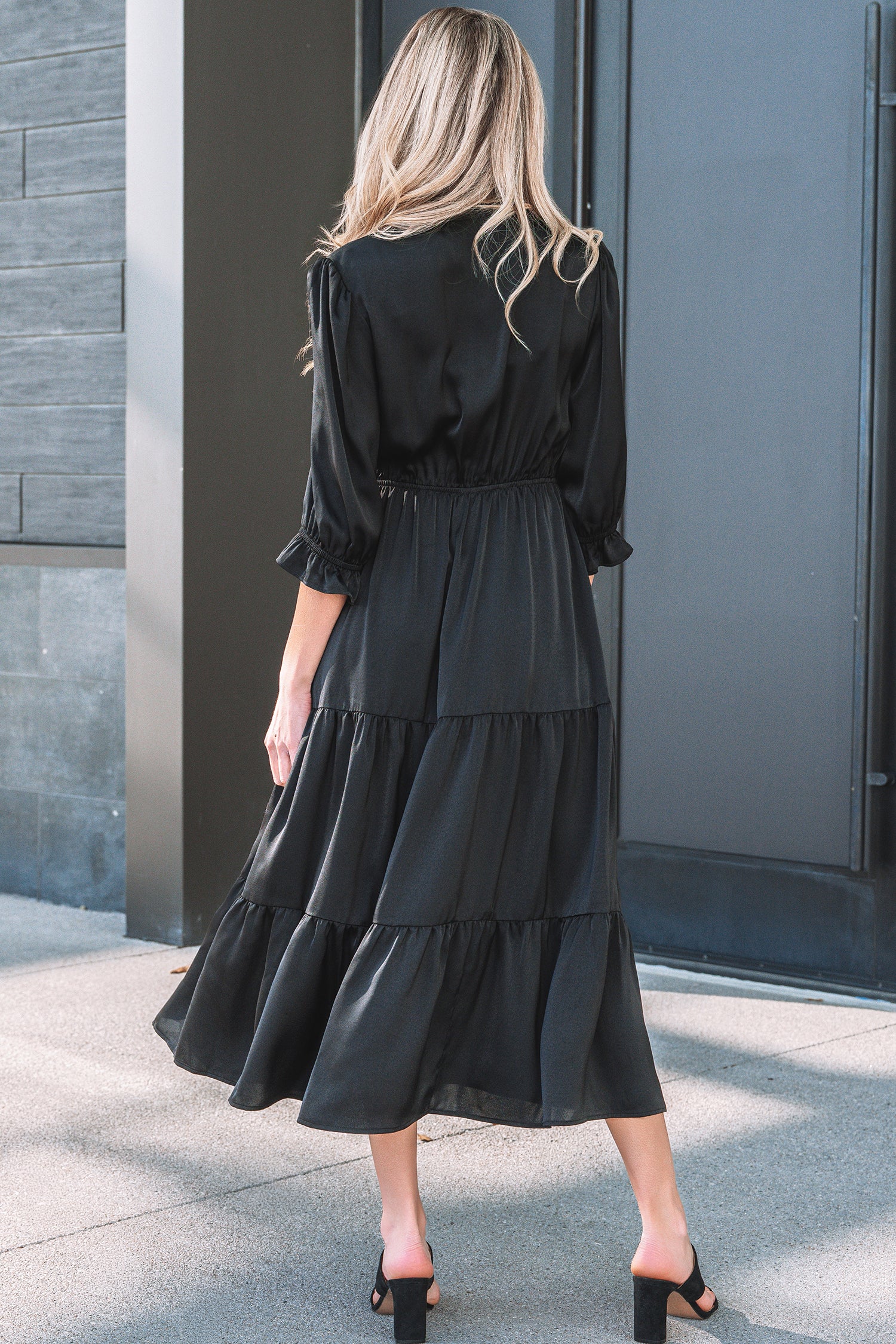 Black Ruffle Sleeve V Neck Tiered Maxi Dress