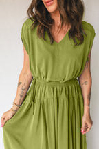 V-Neck Cap Sleeve Elastic Waist Maxi Dress