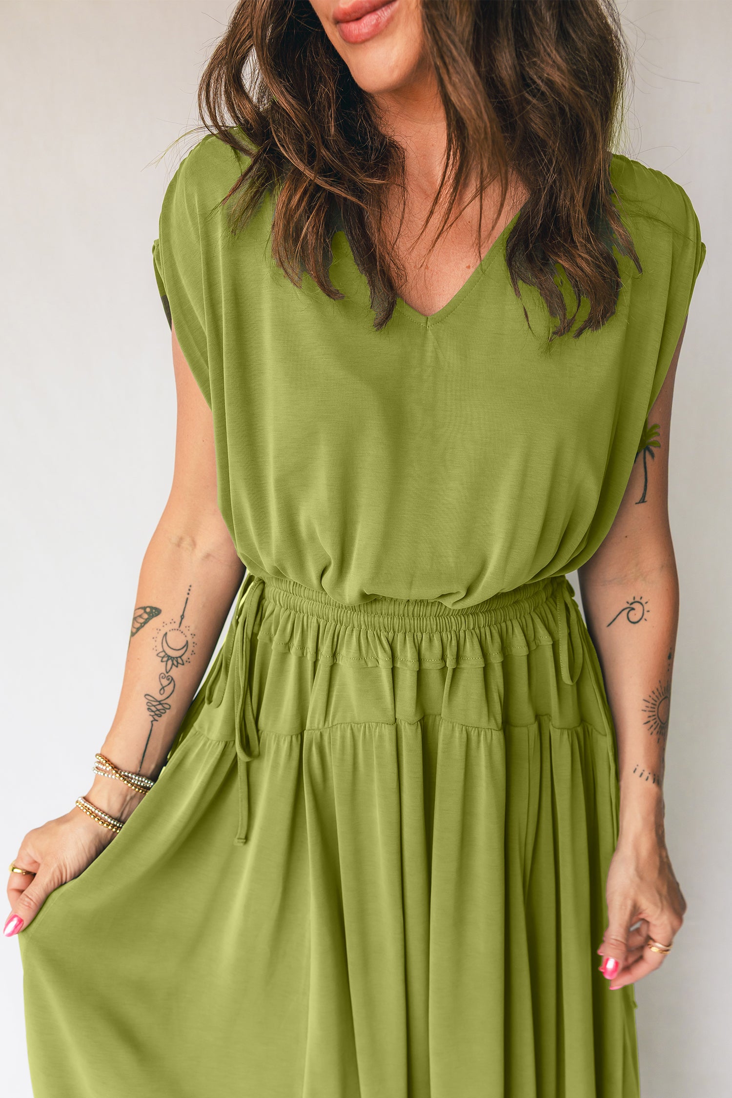 V-Neck Cap Sleeve Elastic Waist Maxi Dress