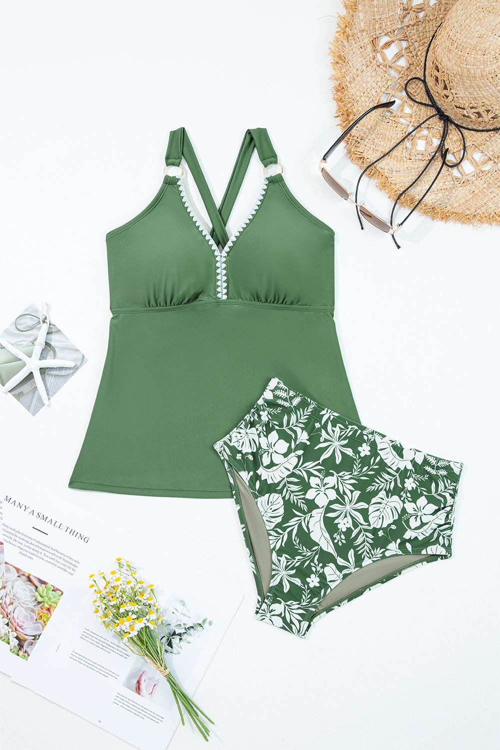 Ricrac-Trim V-Neck Tankini and Swim Shorts Set