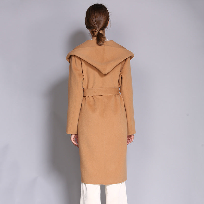 Hooded Belted Wool Wrap Coat