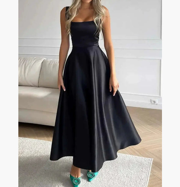 Square-Neck Sleeveless Pleated A-Line Dress