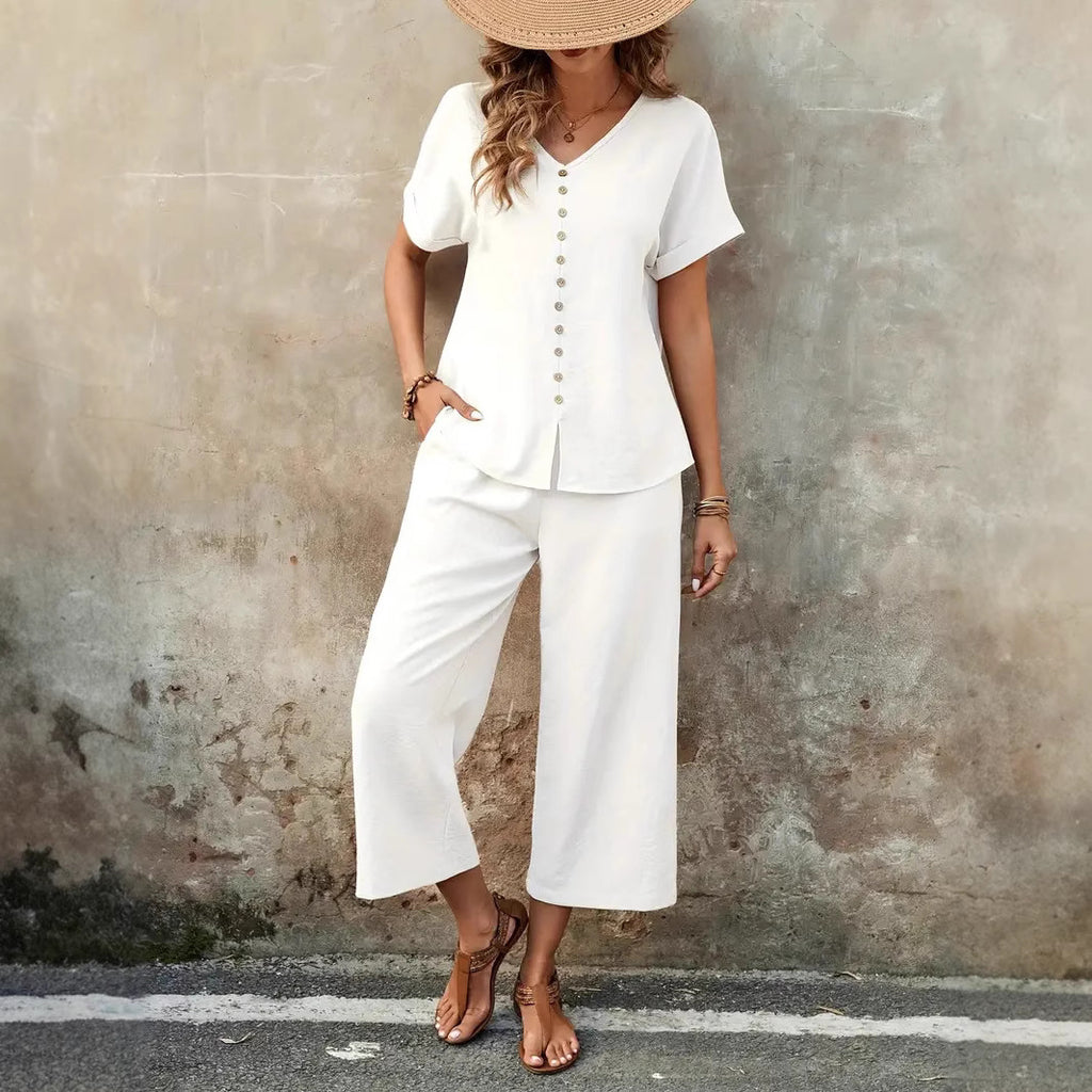 Button-Front Top and Cropped Wide-Leg Pants Set