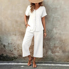 Button-Front Top and Cropped Wide-Leg Pants Set
