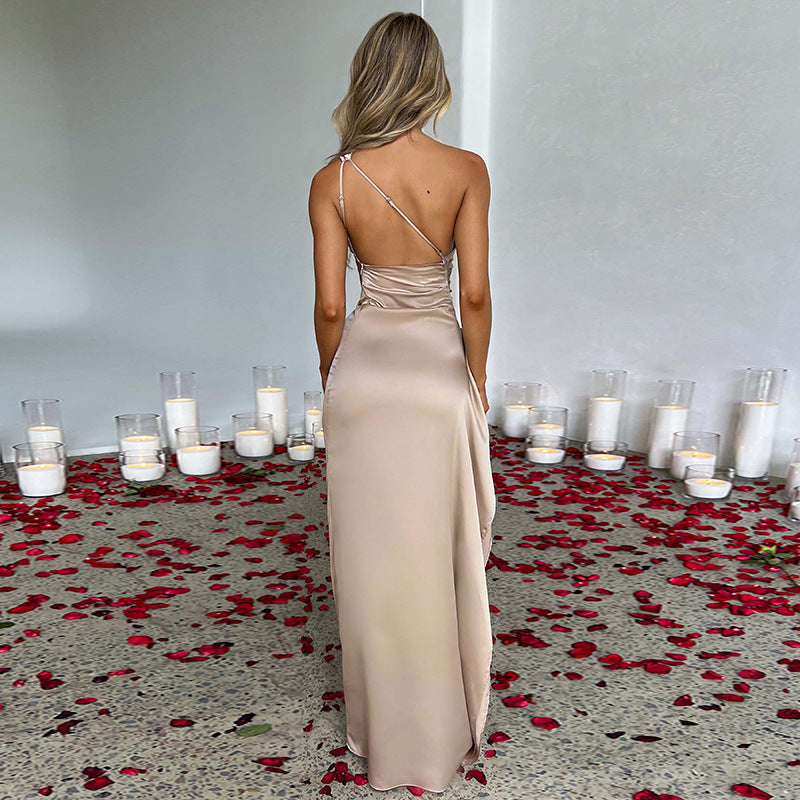 One-Shoulder Ruched Satin High-Slit Maxi Dress