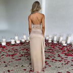 One-Shoulder Ruched Satin High-Slit Maxi Dress