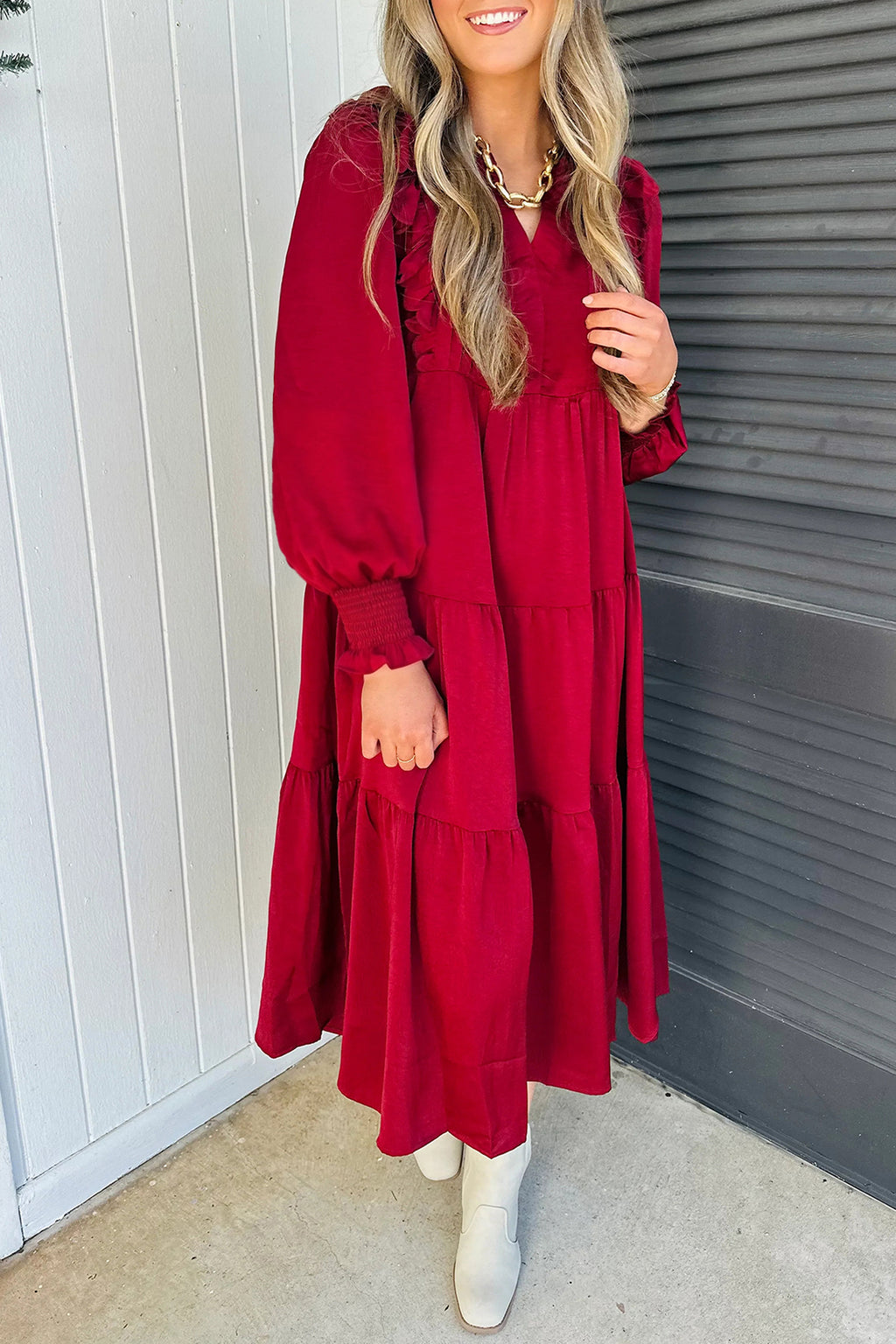 Ruffle-Trim Long-Sleeve Tiered Shift Midi Dress